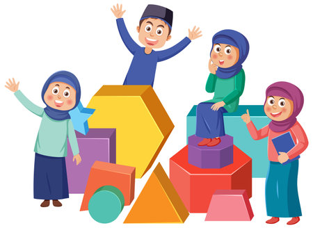 Muslim Kids Learning Math with Shapes illustrationのイラスト素材