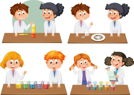Students with colour science experiments illustrationのイラスト素材