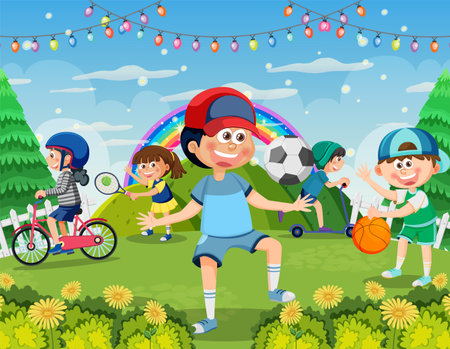 Kids playing sports at playground illustrationのイラスト素材