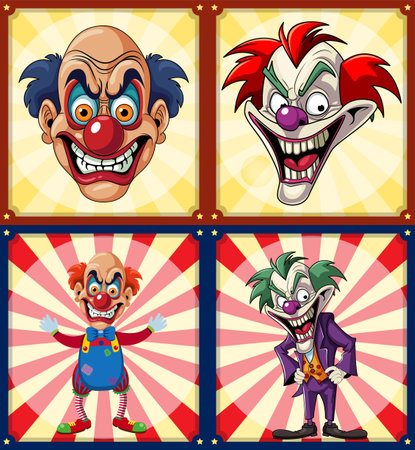 Creepy clown on retro comic background set illustrationのイラスト素材