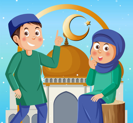 Muslim couple at the mosque illustrationのイラスト素材