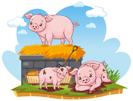 Adorable Pigs with Hay illustrationのイラスト素材