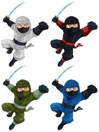 Ninja Jumping and Brandishing Sword Collection illustrationのイラスト素材