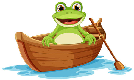 Green frog on paddle boat illustrationのイラスト素材
