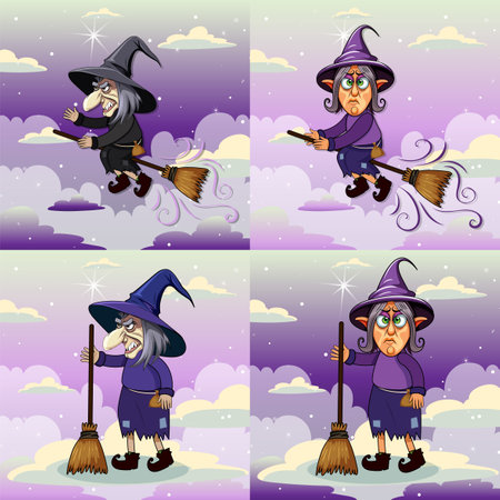 Grumpy witch riding bloom on sky set illustrationのイラスト素材
