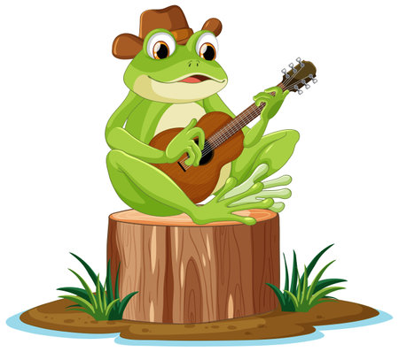 Green frog playing guitar illustrationのイラスト素材