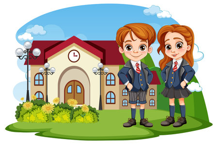 Student wearing school uniform at school scene illustrationのイラスト素材