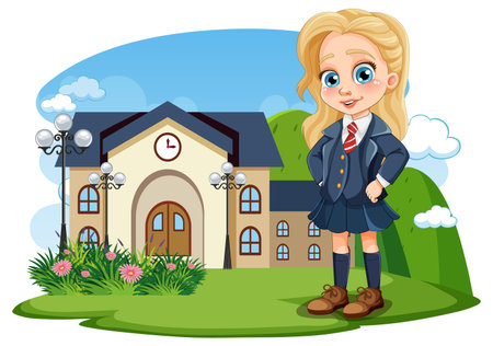 Student wearing school uniform at school scene illustrationのイラスト素材
