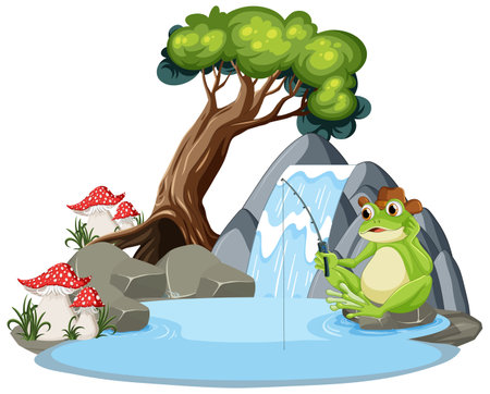 Green Frog Holding Fish Rod at Waterfall illustrationのイラスト素材