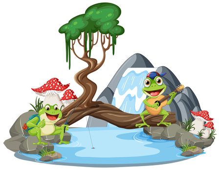 Green Frog in Waterfall Scene illustrationのイラスト素材
