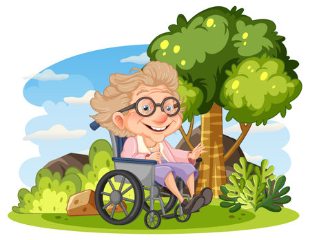 Happy Disabled Old Woman in Wheelchair in the Garden illustrationのイラスト素材