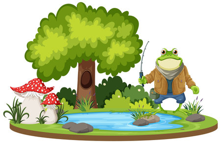 Green Frog holding Fishing Rod at Pond illustrationのイラスト素材