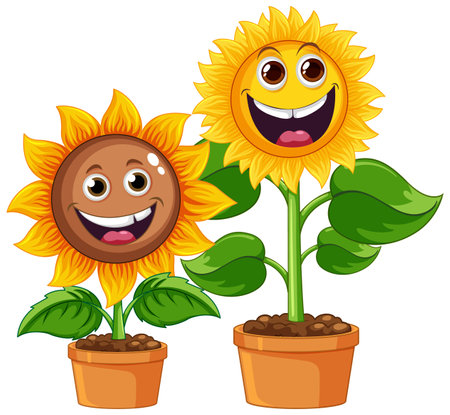 Sunflower plant in pot cartoon isolated illustrationのイラスト素材