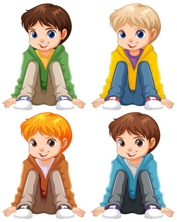 Cute boy cartoon sitting on the ground floor illustrationのイラスト素材