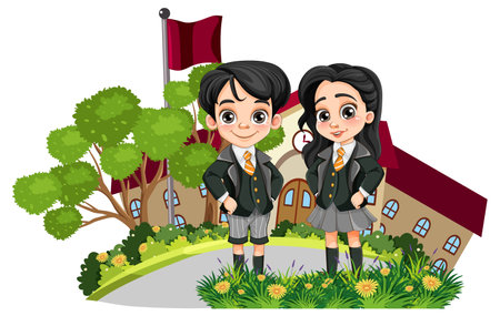 Student boy and girl in uniform illustrationのイラスト素材