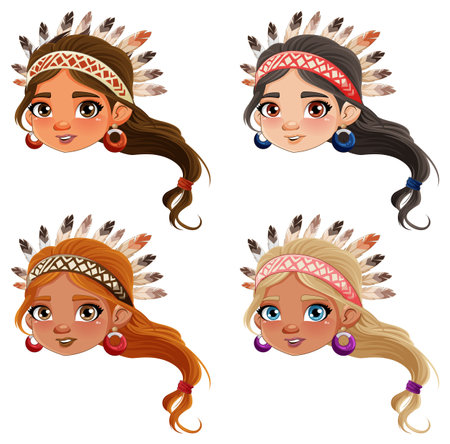 Set of Set of Native American cartoon head illustrationの素材 [FY310207337657]