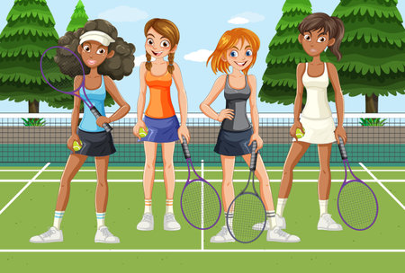 Women Tennis Players Characters in Court illustrationのイラスト素材