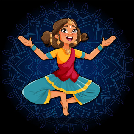 Indian cartoon characters in traditional cultural outfit with mandala background illustrationのイラスト素材