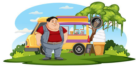 Overweight man in front of ice cream food truck illustrationのイラスト素材