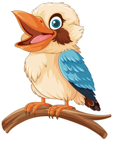 A smiling kookaburra, native to Australia, stands on a tree branch isolated on a white background illustrationのイラスト素材