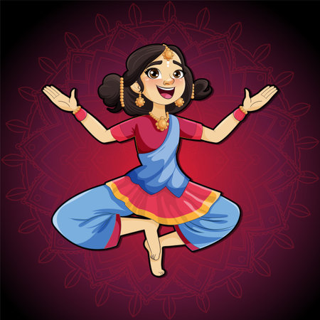 Indian cartoon characters in traditional cultural outfit with mandala background illustrationのイラスト素材