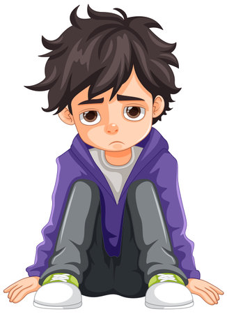 Sad boy sitting on the ground floor illustrationのイラスト素材