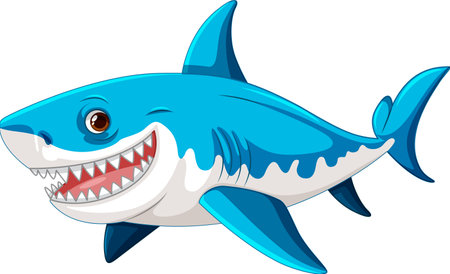 A cartoon illustration of a great white shark smiling and swimming in a blue colour, isolated on white illustrationのイラスト素材