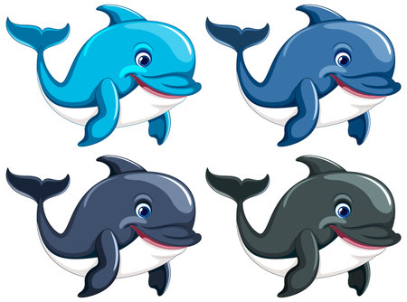 Four dolphins are swimming and smiling, isolated on a white background.のイラスト素材