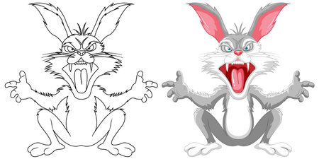 A grey vector illustration of a crazy rabbit cartoon sitting with sharp teeth, isolated on whiteのイラスト素材