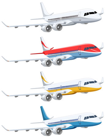 A vector cartoon illustration of a set of commercial airline airplanes flying isolated on a white backgroundのイラスト素材