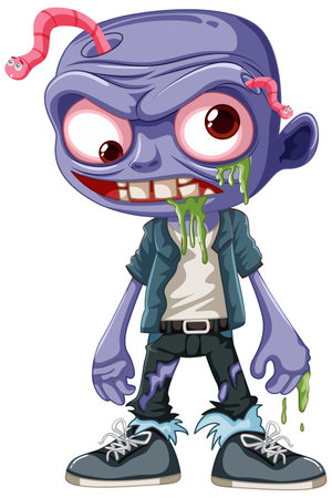 Illustration of a male zombie with a worm coming out of his headのイラスト素材