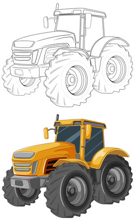 Isolated on white, this vector cartoon illustration of a yellow tractor is perfect for colouring pagesのイラスト素材