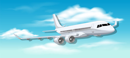 A vector cartoon illustration of a commercial airline airplane soaring through a clear blue skyのイラスト素材