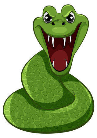A vector cartoon illustration of a green mamba snake with scales, open mouth and sharp teeth ready to biteのイラスト素材