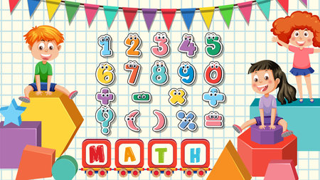 Children Sitting on Math Shapes: Teaching Number and Math Symbol illustrationのイラスト素材