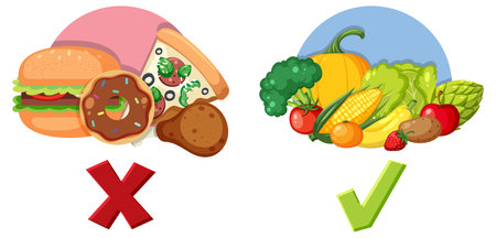 Comparison of Healthy Food vs Unhealthy Junk Food illustrationのイラスト素材