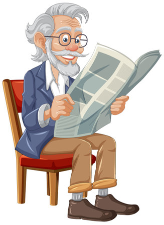 An elderly man with a beard and glasses reading a newspaper on a vintage chairのイラスト素材