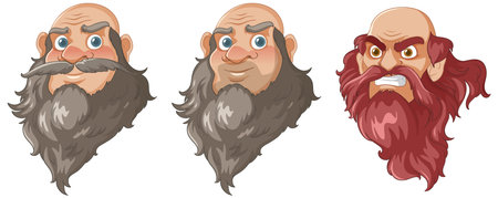 A set of vector illustrations depicting a bald Viking man with a long beard showcasing various facial expressionsのイラスト素材
