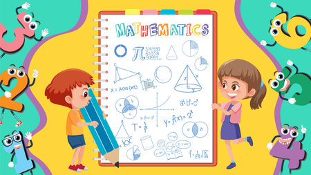 Young Boy Writing Math Formula with Girl's Support illustrationのイラスト素材