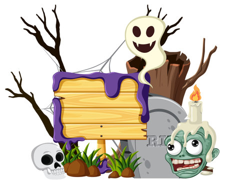 A spooky wooden banner with a zombie Halloween themeのイラスト素材