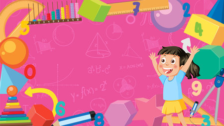 Cheerful Cartoon Girl on Math-Themed Pink Background illustrationのイラスト素材