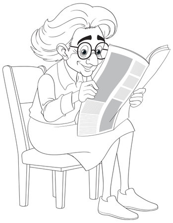 An old grandmother wearing glasses sits on a vintage chair, engrossed in reading a newspaperのイラスト素材