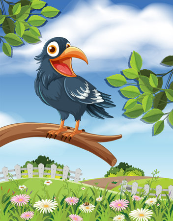 A cartoon crow stands on a tree branch, smiling in a natural backgroundのイラスト素材