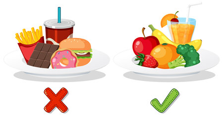 Comparison of Healthy Food vs Unhealthy Junk Food illustrationのイラスト素材