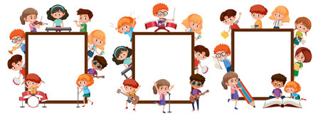 Vector cartoon illustration of children participating in multiple activitiesのイラスト素材