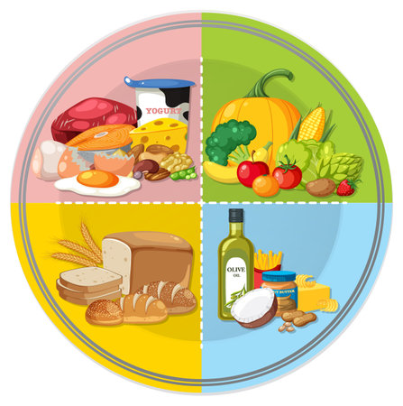 Healthy Eating Plate with Portion of Fruits, Grains, Protein, Vegetables, Fat, and Water illustrationのイラスト素材