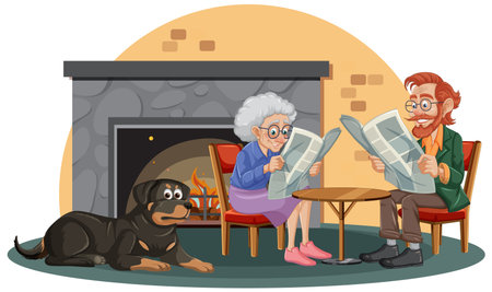 Old grandparents enjoy reading newspaper with their loyal Rottweilerのイラスト素材