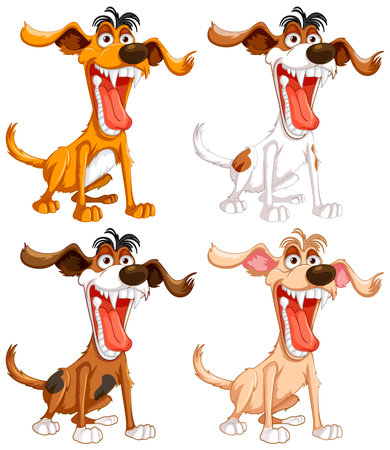 A set of four cartoon dogs with open mouths and sharp teeth, isolated on a white backgroundのイラスト素材
