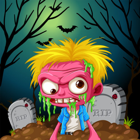 Spooky zombie lurking near tombstone on Halloween nightのイラスト素材