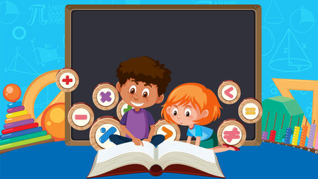 Math-themed Cartoon Characters Reading Book with Blackboard Banner illustrationのイラスト素材